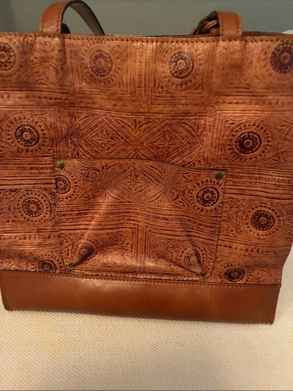 Patricia Nash cognac Embossed LeatherTassel Tote Excellent pre-loved condition
